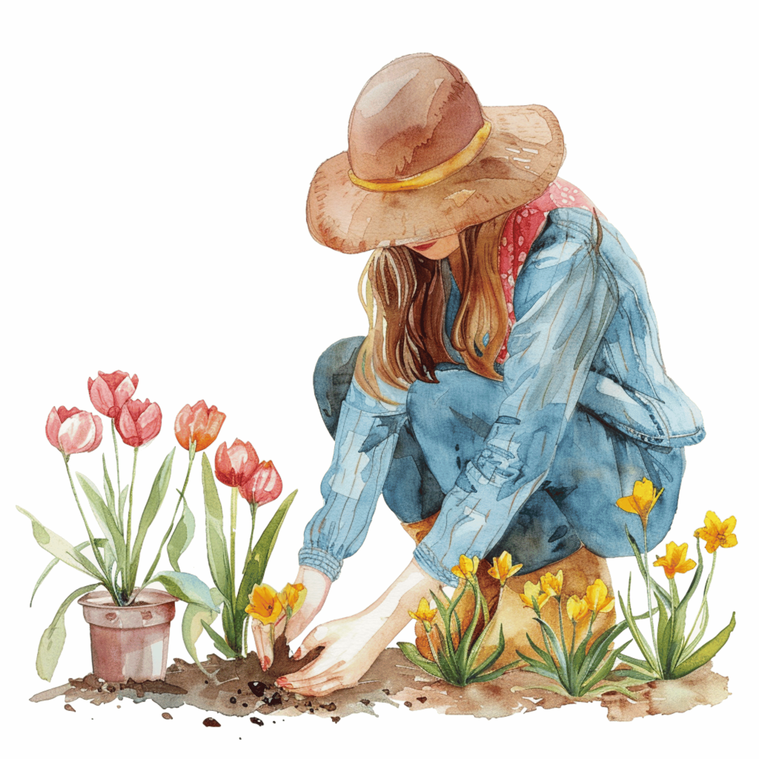 Watercolor of Woman Tending to Garden